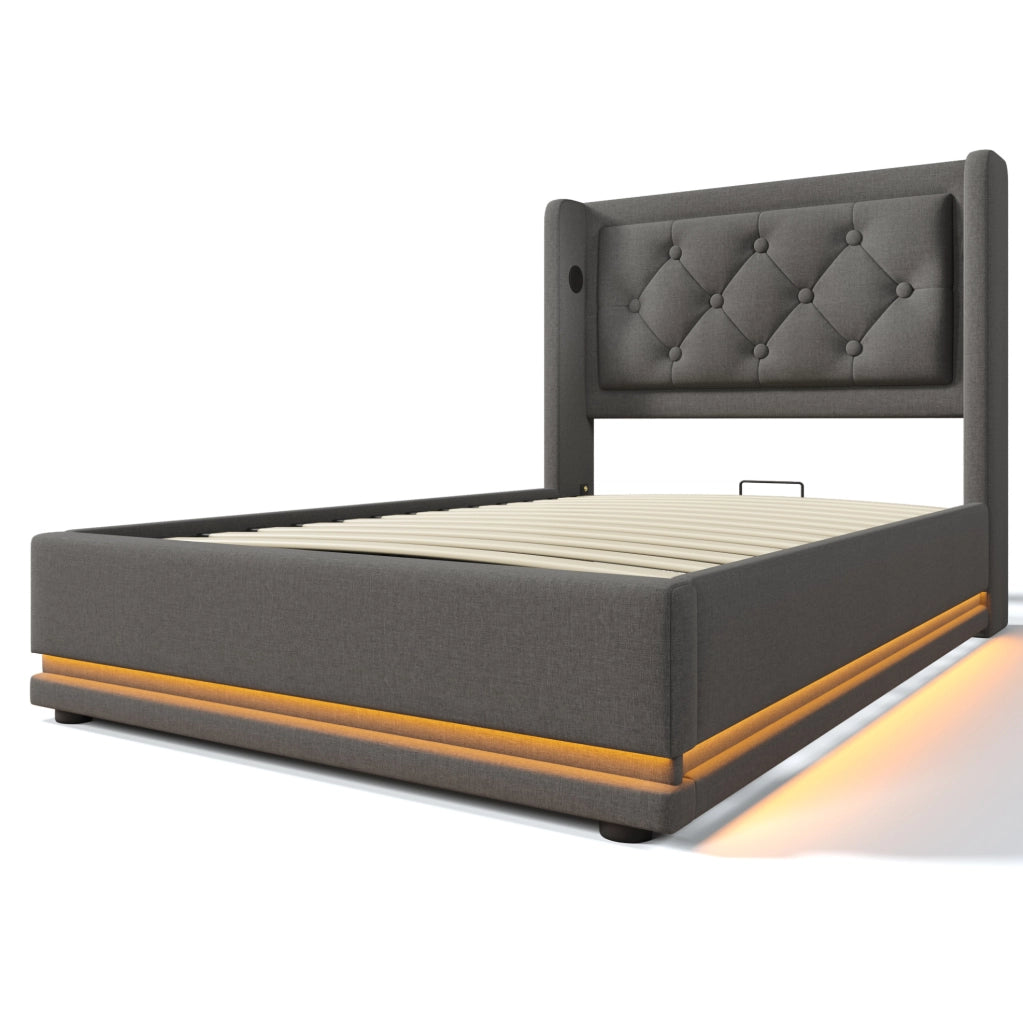 Letto imbottito singolo ULEVR 90x200 cm con contenitore idraulico, LED, USB e Type-C, cotone grigio