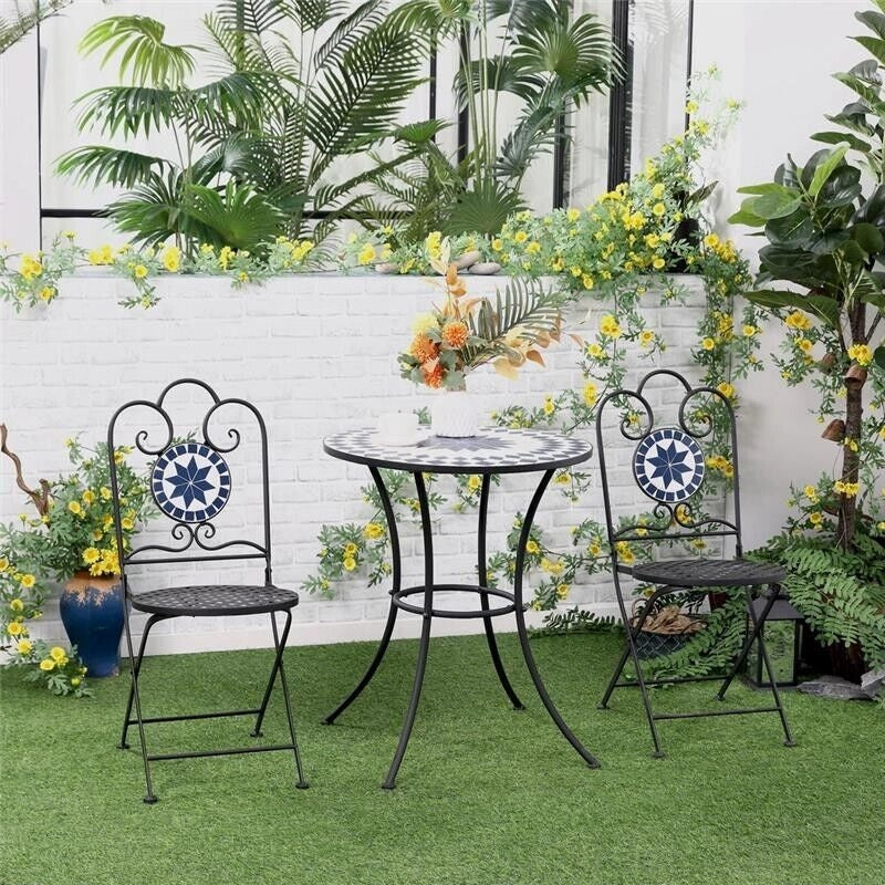 SET DA GIARDINO CON 2 SEDIE PIEGHEVOLI E 1 TAVOLINO A MOSAICO NERO