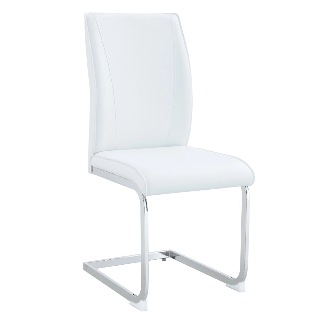 Sedia da pranzo moderna in PU bianco con struttura in metallo argento; schienale ergonomico