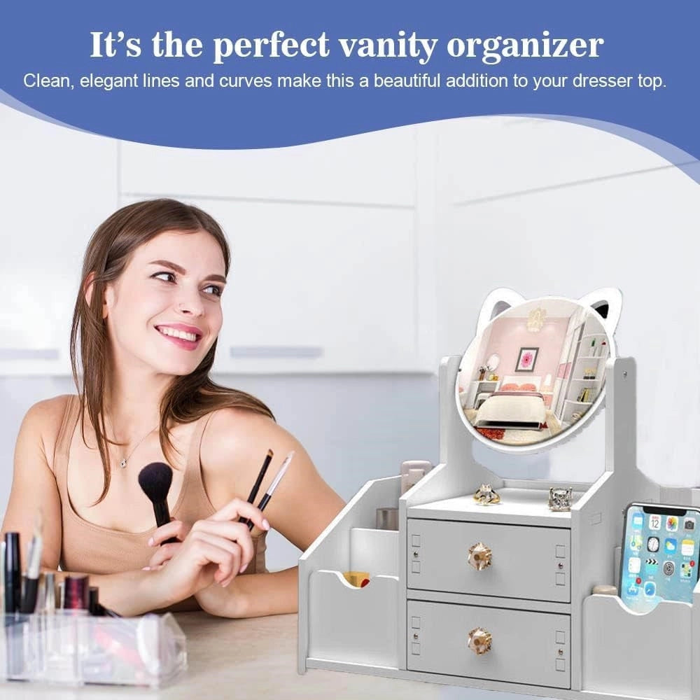 Trade Shop - Organizer Trucchi Multifunzione Con Specchio Cassetti Per Cosmetici Toeletta Bagno Camera -