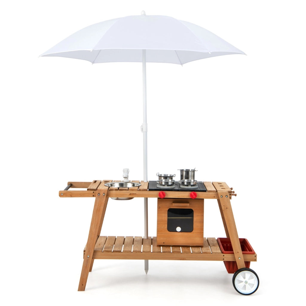 Carrello da gioco in legno con ombrellone antisolare forno a legna simulato, Trolley da gioco per bambini Bianco-Cucine giocattoli