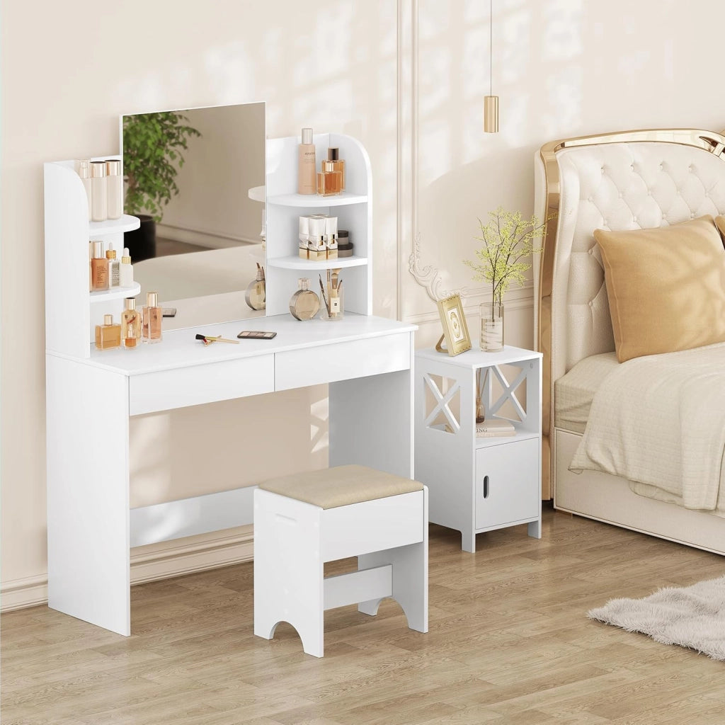 WOLTU Sgabello Per Toeletta da Trucco, Sedia da Make Up con Seduta Imbottita, 40x30x45cm, Sgabello per Camera da Letto, in Legno MDF e Lino, Bianco e Beige, MB6098be