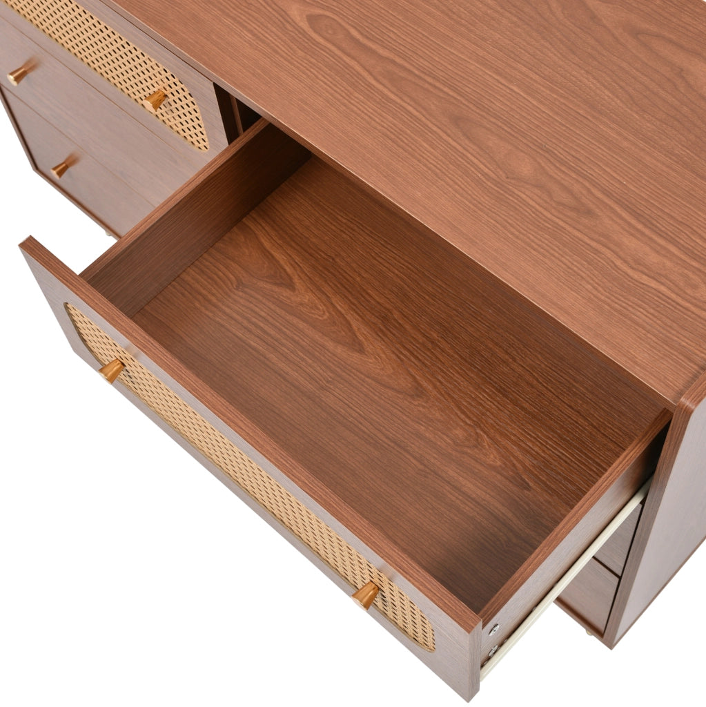 COMODA 6 cassetti 120x40x90 cm effetto noce con dettagli in rattan
