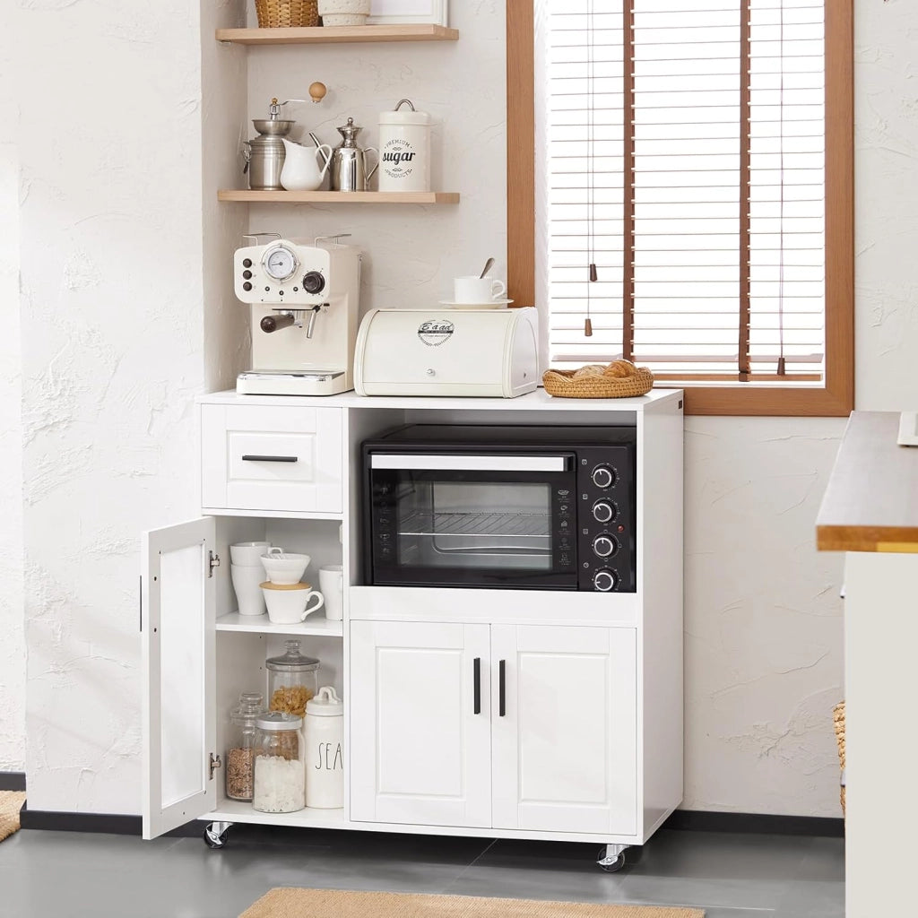 Carrello da Cucina, Isola Cucina con Ruote, Mobili da Cucina, Supporto per Microonde, Carrello Mobile per Sala da Pranzo e Ufficio 88,5 x 40 x 89 cm Bianco FSB78-W