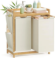 SONGMICS Cesto Portabiancheria a 2 Scomparti, Cesto Biancheria Sporca in Bambù 100 L, Porta Biancheria con Piano, Tasche Laterali, 2 x 50 L, 63 x 33 x 78 cm cm, Bianco Crema RLH100W01