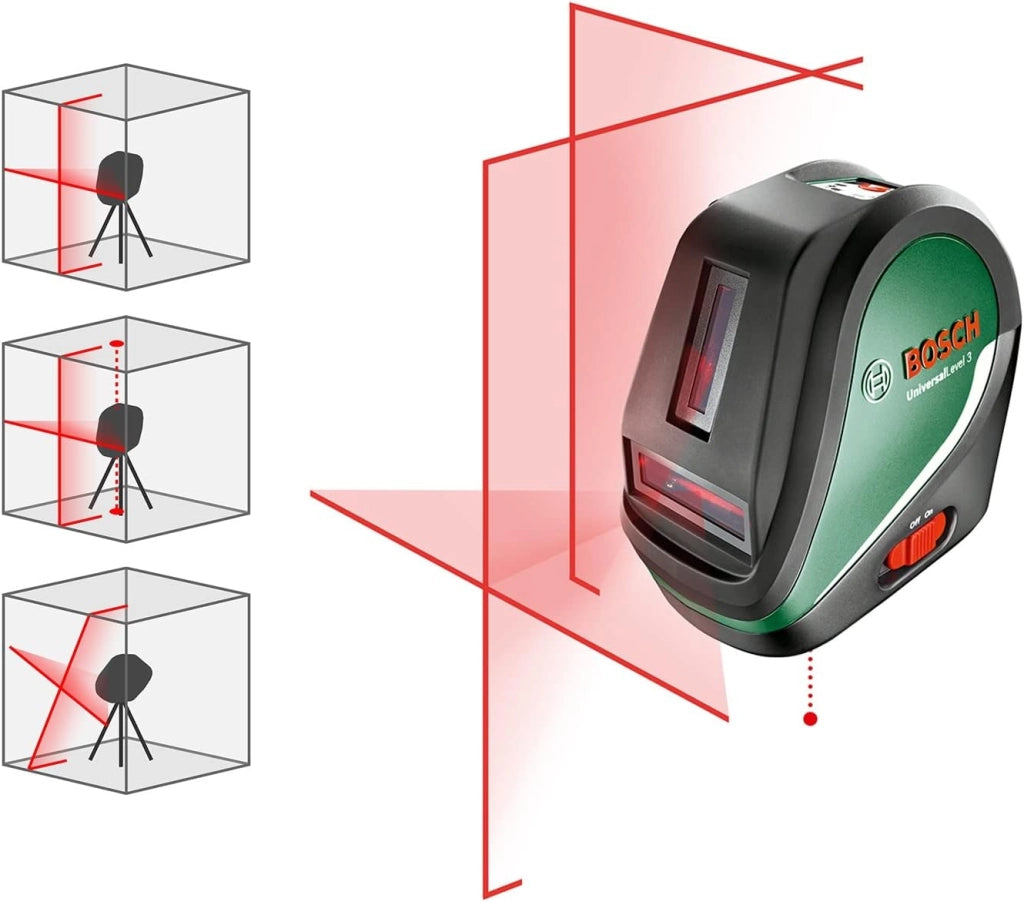 Bosch livella laser multifunzione UniversalLevel 3 (3 linee laser incl. linea verticale a 90° per una croce laser aggiuntiva sul soffitto e punto a piombo inferiore per allineamenti precisi)