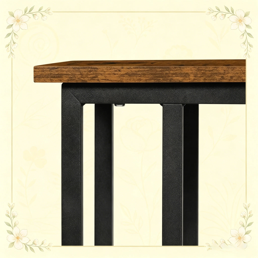 Tavolino basso fisso a C con ripiano laterale in legno e metallo marrone rustico per divano e letto 55 × 59,5 × 36 cm