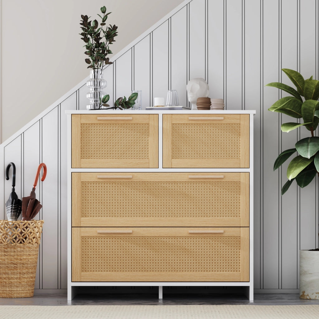 Cassettiera 80x80x38 cm con 4 cassetti in MDF e rattan; naturale e bianco