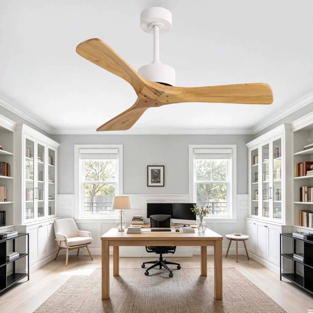 Ventilatore da soffitto moderno 42 pollici senza luce, 3 pale ad elica in legno massello naturale, motore DC reversibile silenzioso, design