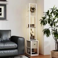 Lampada da Terra Moderna con Ripiani Aperti Cassetto di Tessuto e Interruttore a Pedale per Camera da Letto Soggiorno Bianco