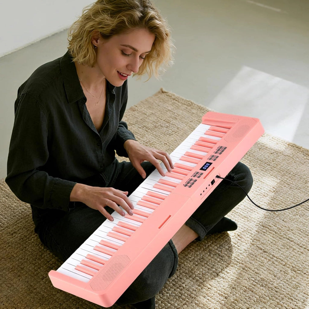 Pianoforte digitale pieghevole a 61 tasti, tastiera con auricolari, pedale, leggio, pianoforte digitale con 128 suoni e ritmi, tastiera per pianoforte con tasca (rosa)