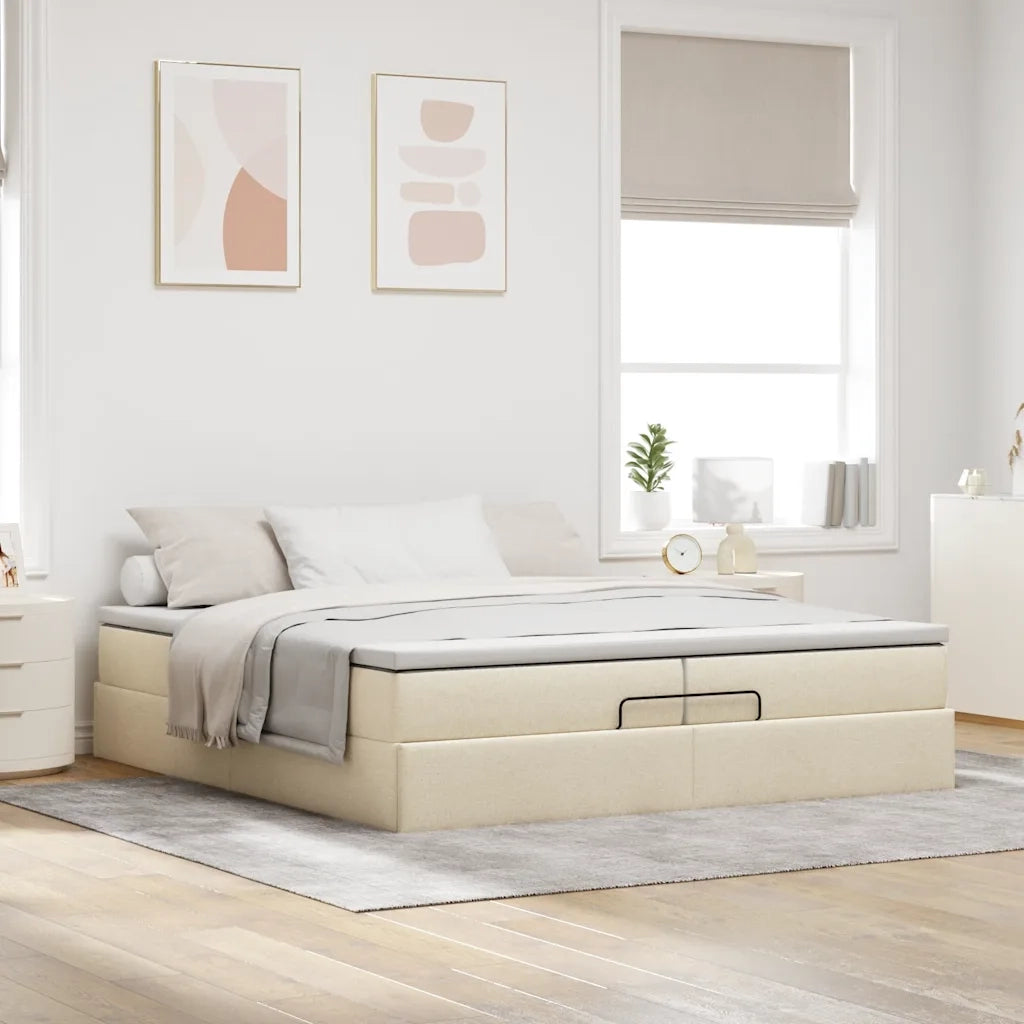Struttura Letto Pouf con Materassi Crema 200x200 cm in Tessuto