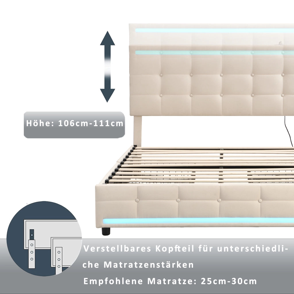 OKWISH Letto con Cassetti 140×200 cm, Letto Matrimoniale con 4 Cassetti, LED Regolabile, 2 USB e Telecomando, senza Materasso, Beige