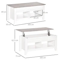 Tavolino Rettangolare con Piano sollevabile, 2 Ripiani, in Truciolato 105x50x49 cm, Bianco