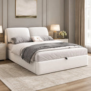 Letto imbottito matrimoniale 140x190 in velluto beige con contenitore idraulico, 3 cassetti e testiera regolabile