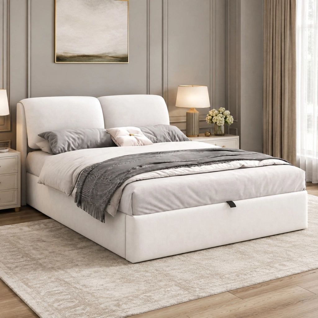 Letto imbottito matrimoniale 140x190 in velluto beige con contenitore idraulico, 3 cassetti e testiera regolabile