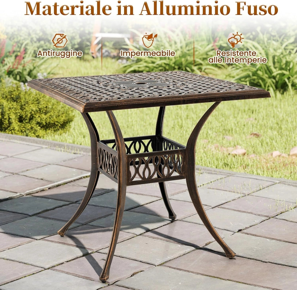 Tavolo da Giardino 80 cm, Tavolo Bistro Quadrato con Foro per Ombrellone da 4,8 cm, Tavolo da Esterno per 4 Persone, Tavolo da Pranzo per Giardino Piscina,Portata 75 kg