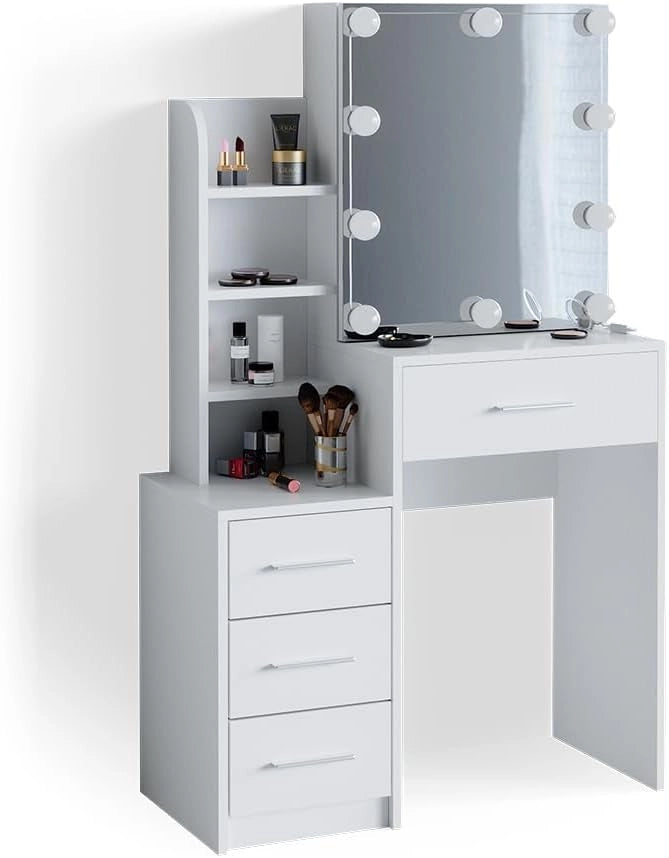 Vicco Tavolo da toeletta Conrada, Bianco, 80 cm con illuminazione a LED, adatto per l'organizzazione di articoli cosmetici e accessori