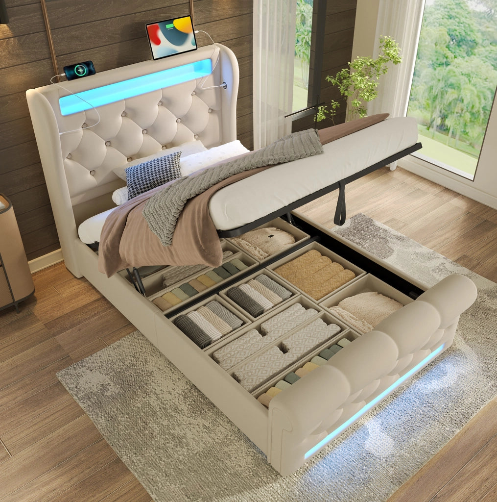 Letto imbottito 90x200 cm con LED, ricarica USB e contenitore idraulico