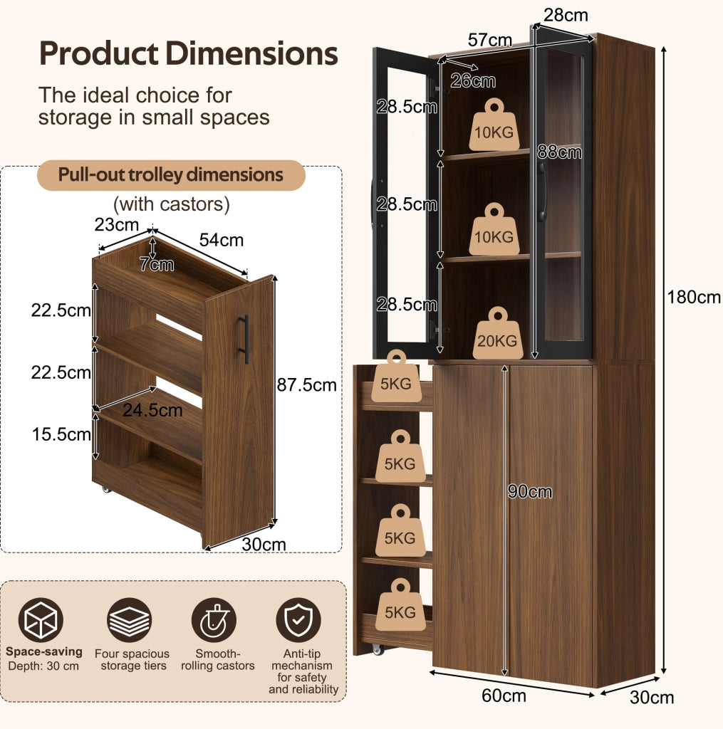 Mobile dispensa sottile da cucina 60x30x180 cm con ante in vetro e carrello estraibile; MDF nero e naturale