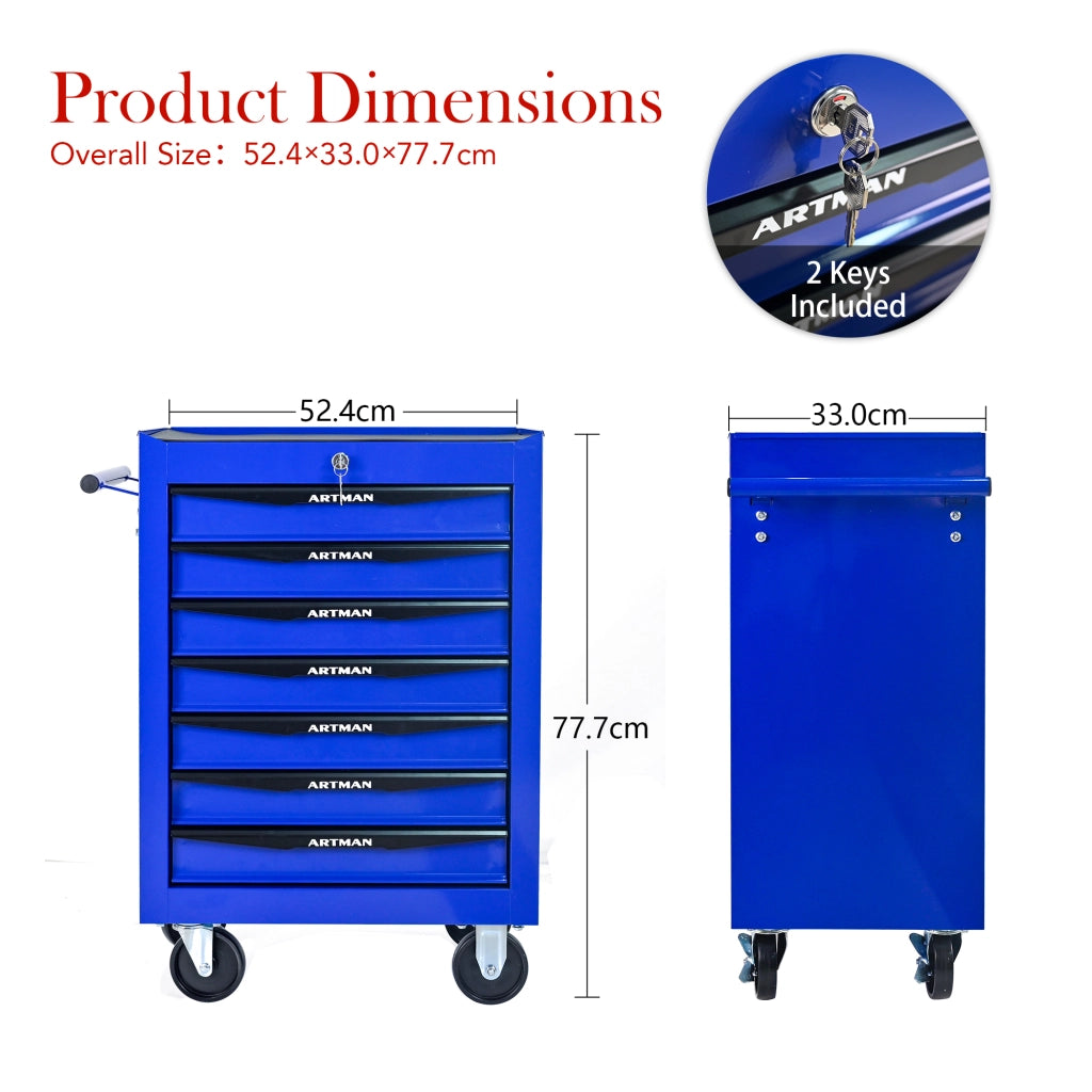 Cassettiera con ruote in acciaio con 7 cassetti e guide a sfere per garage e officina nero e blu 60 × 33 × 77,5 cm