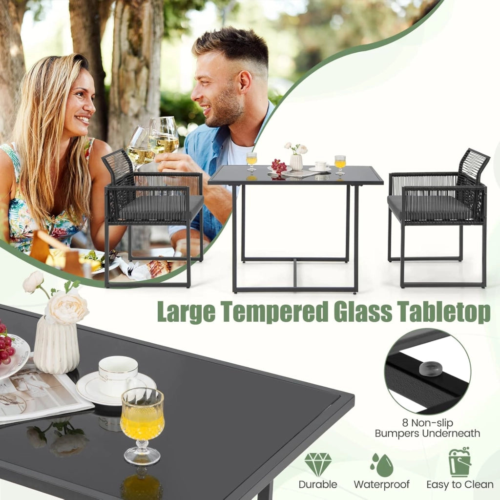 Set Mobili da Esterno a 3 Pezzi, 2 Sedie in Rattan Intrecciato con Schienale Pieghevole e Cuscini, Set Tavolo Rettangolare da Pranzo per Patio, Giardino e Balcone