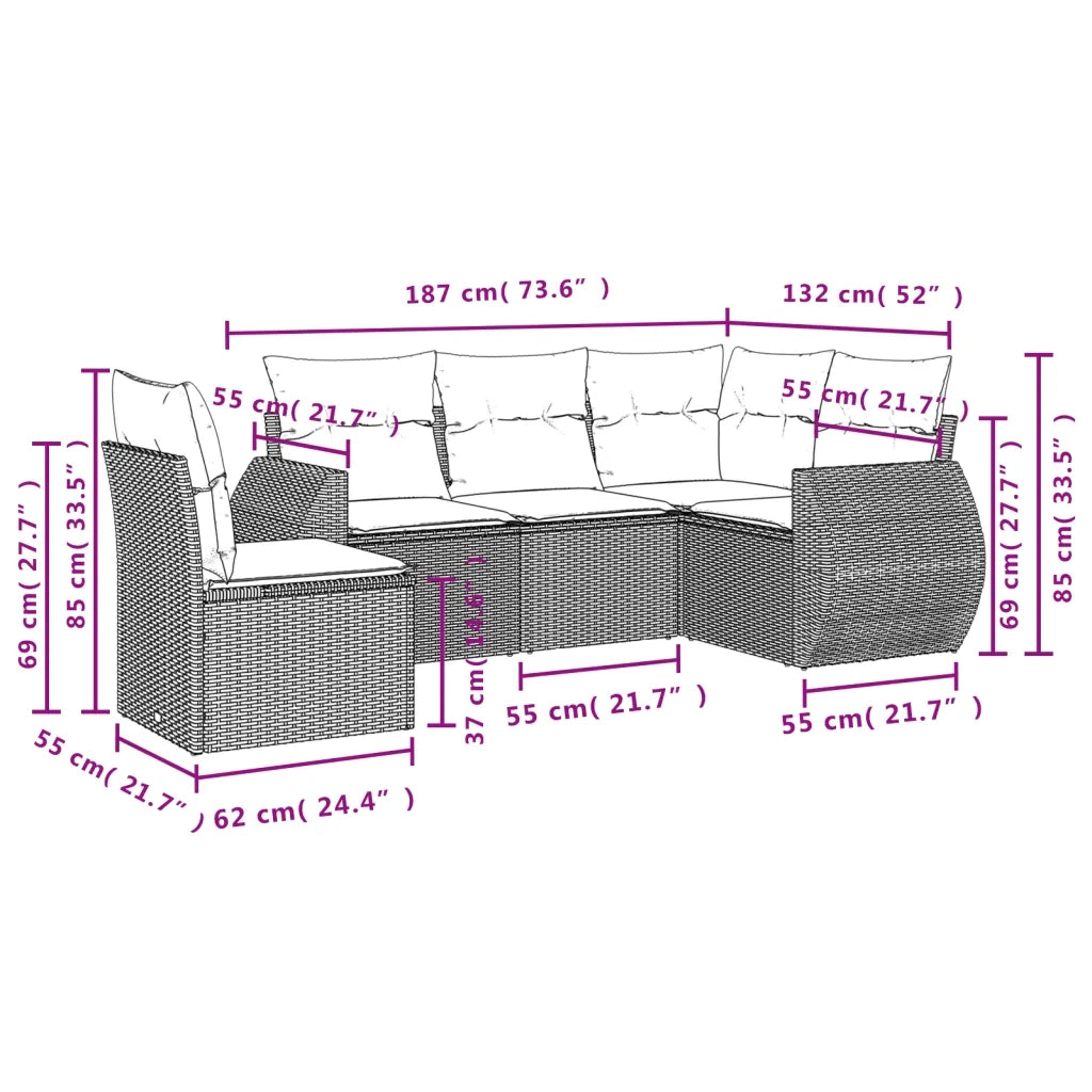 Set Divano da Giardino 5 pz con Cuscini Grigio in Polyrattan