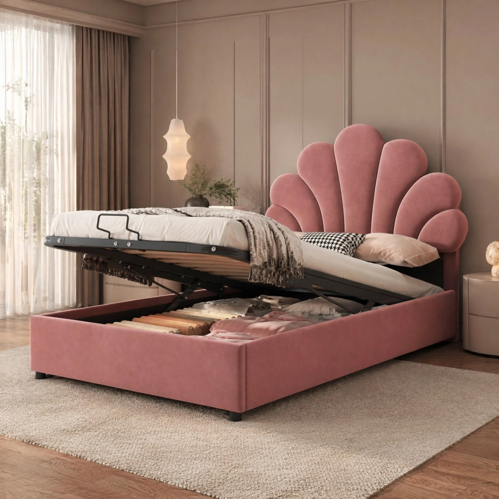 Letto imbottito 90x200 cm rosa con testiera floreale, vano contenitore e rete a doghe