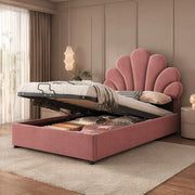 Letto imbottito 90x200 cm rosa con testiera floreale, vano contenitore e rete a doghe