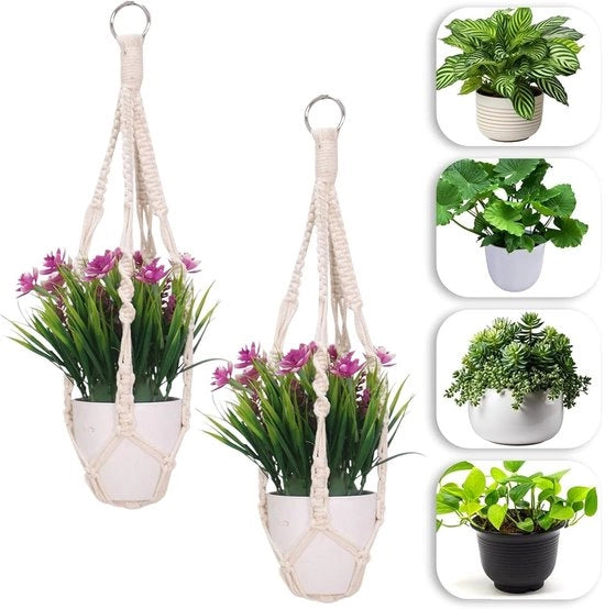 Hanger a fiori in macramé - Design boho - 1 pezzo - Cotone - Bianco sbiancato