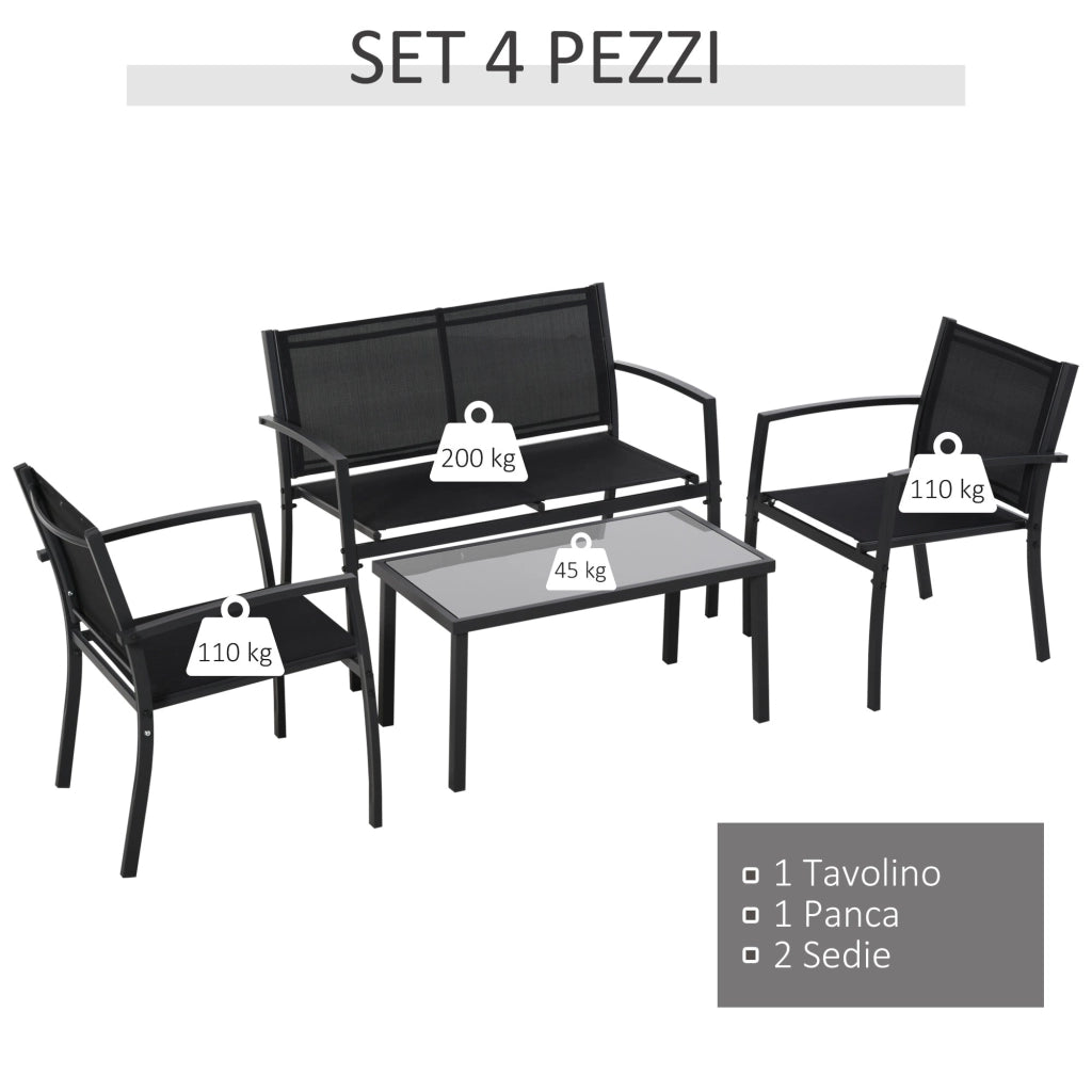 Set Salotto da Giardino Divano 2 Poltrone e Tavolino in Metallo e Tessuto Nero