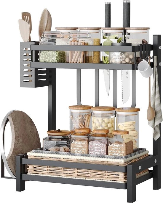 Kruidenrek multifunzionale per la conservazione delle spezie con contenitore per bastoncini da cibo e holder per posate - Kruidenrek in acciaio inossidabile - 2 piani - Kruidenrek con piatto di taglio e ganci - 34x21x41cm Matzwart