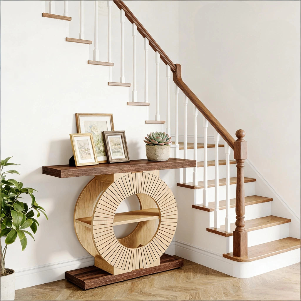 Consolle in legno con base rotonda e ripiani, stile country, per ingresso, marrone, per foto e libri