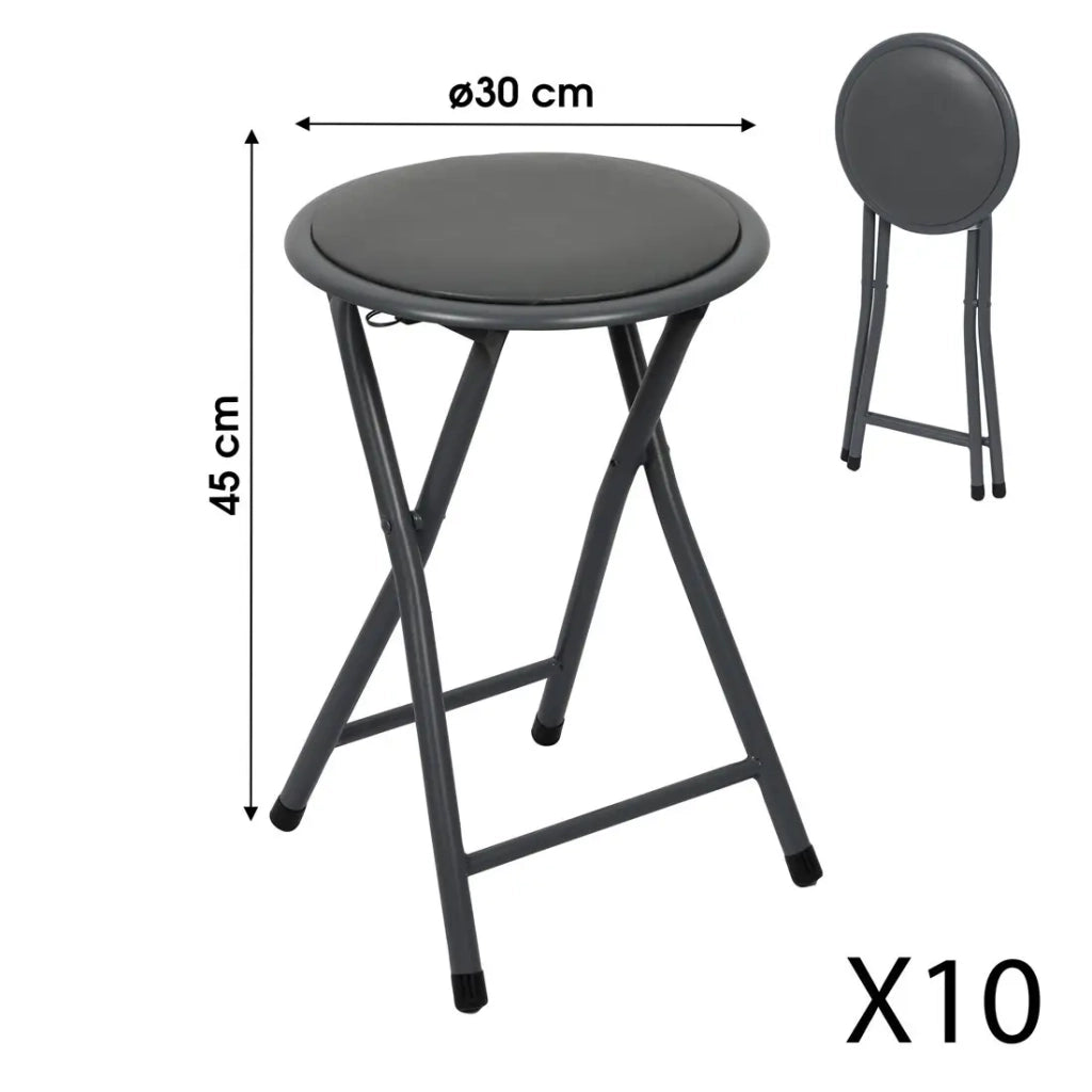 Lotto di 10 sgabelli pieghevoli – Collezione BASICUS, colore nero, seduta in PU, diametro 30 cm, altezza 45 cm