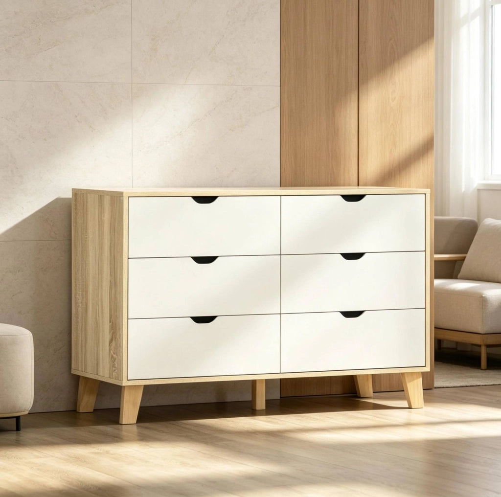 Comò contenitore bianco e rovere 120x40x76 cm con 6 cassetti e gambe in legno