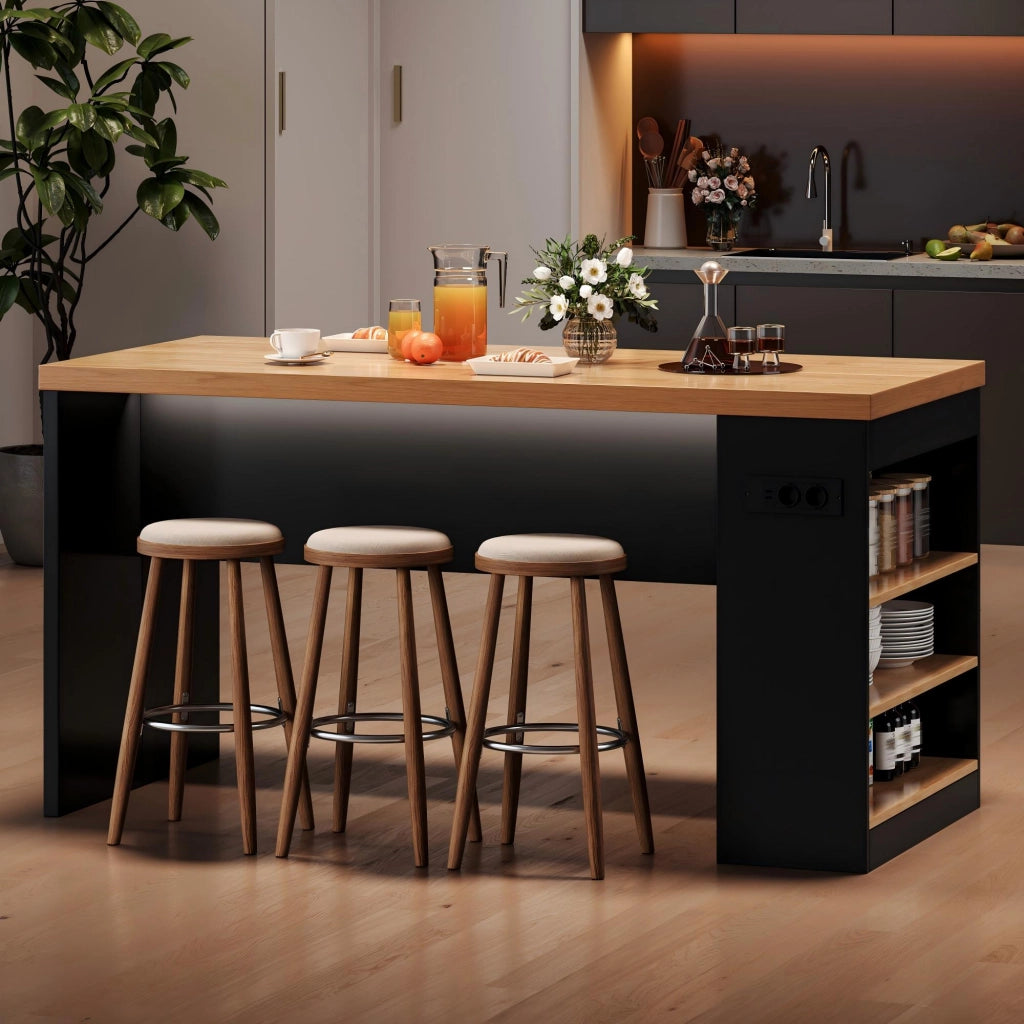 Isola cucina 155x80x90 cm con illuminazione LED, prese AC e USB, piano 40 mm, 3 ripiani aperti, colore Black+Natural