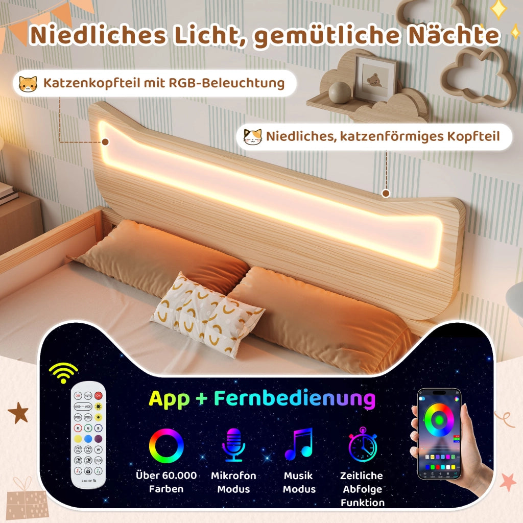 Letto per bambini 90x200 cm con testiera a forma di gatto e LED RGB