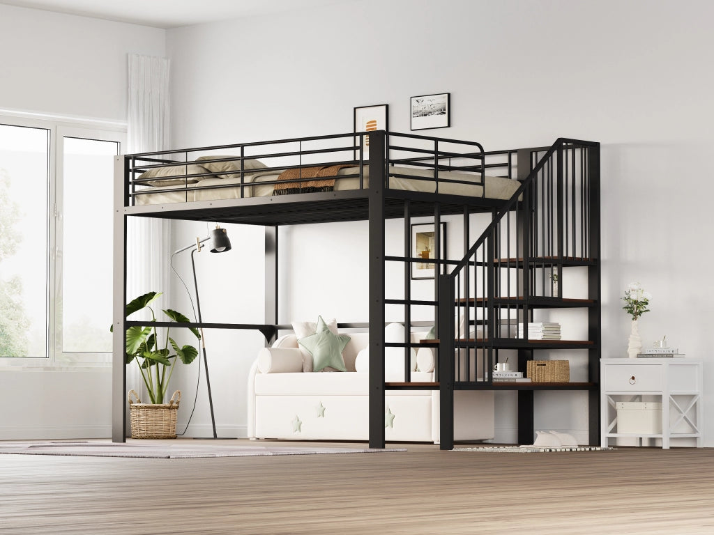 LETTO a soppalco con scala 140 x 200 cm Metallo e legno Nero