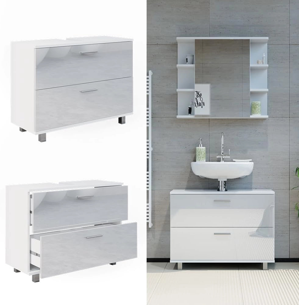 Mobile sottolavabo per bagno Ilias, Bianco lucido, 80 x 60.8 cm, con ritaglio per sifone e aperture di ventilazione laterali