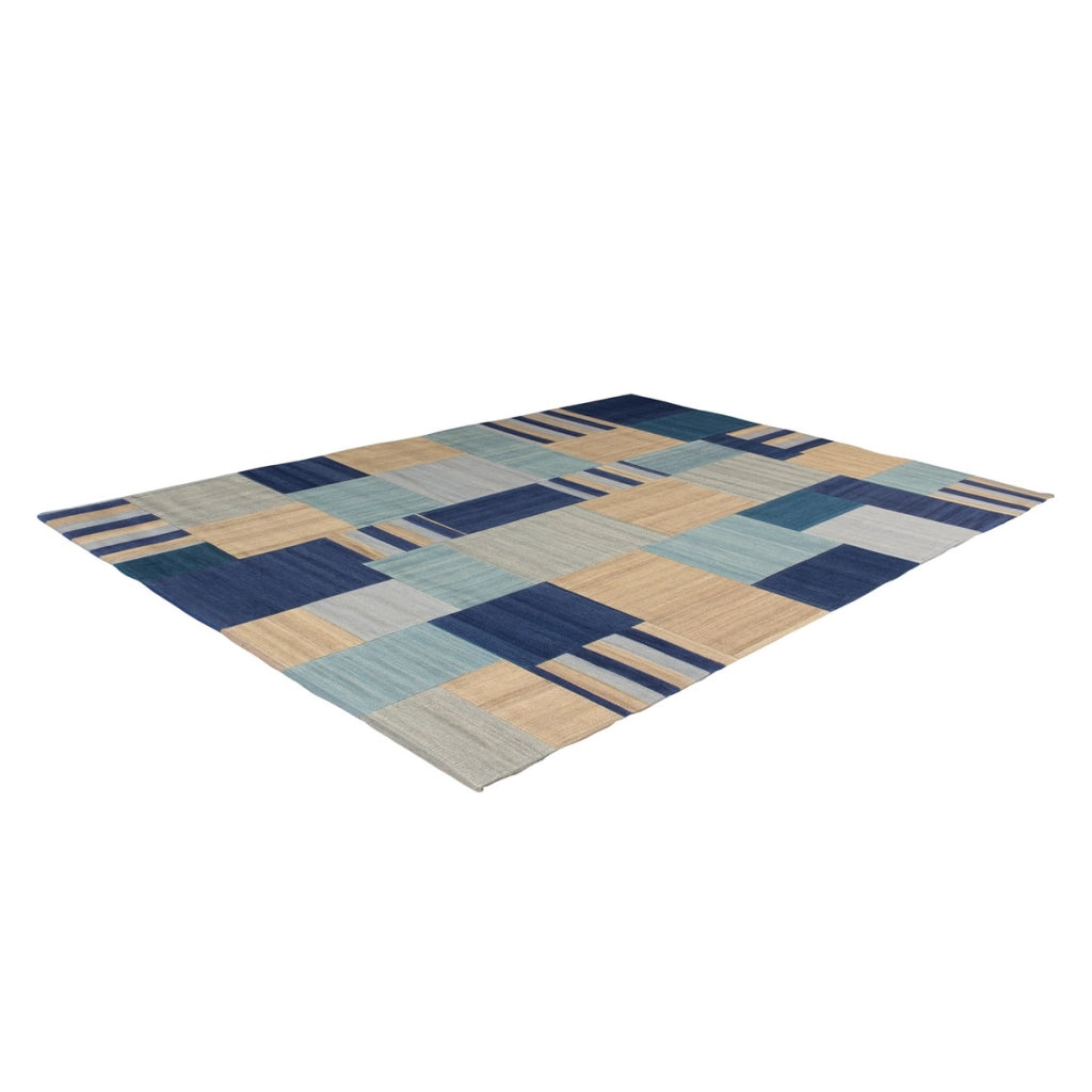 Tappeto Kilim Radical 310 in lana e cotone blu e beige