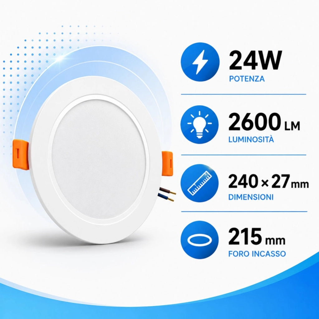 Faretto LED da Incasso Rotondo CCT 3 Temperature, Fascio 120°, IP20 (24W 2600LM D240X27mm Foro 215mm)