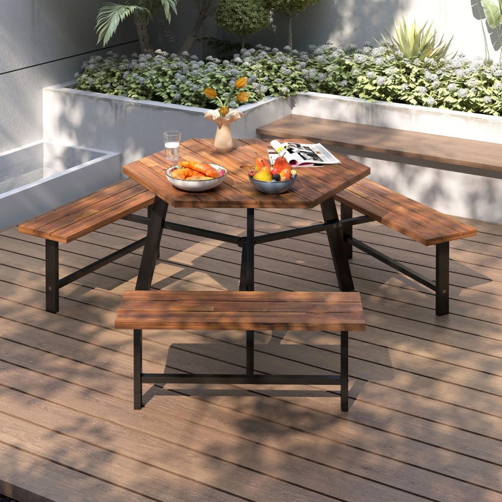Set tavolo da pranzo con panchine in legno di acacia per 6 persone, Tavolo da picnic con panchine foro per ombrellone Marrone