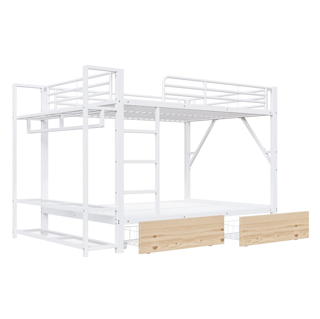 Letto a castello 140x200 cm in metallo e MDF bianco con LED; 2 cassetti e ripiani