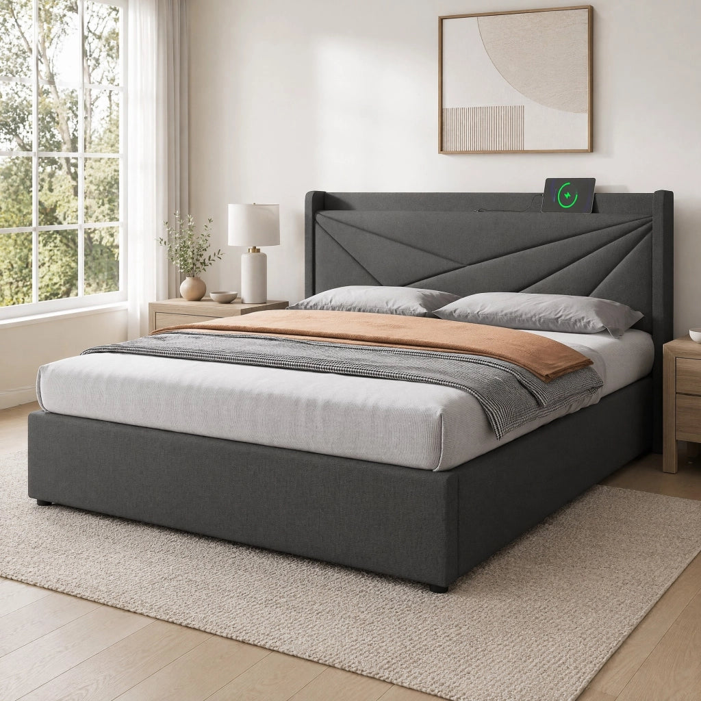 Letto matrimoniale contenitore 160x200 con testiera geometrica, USB e Type-C, senza materasso