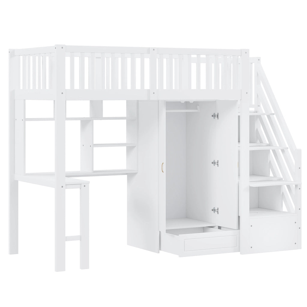 Letto a soppalco 90x200 con armadio, scrivania e scala contenitore