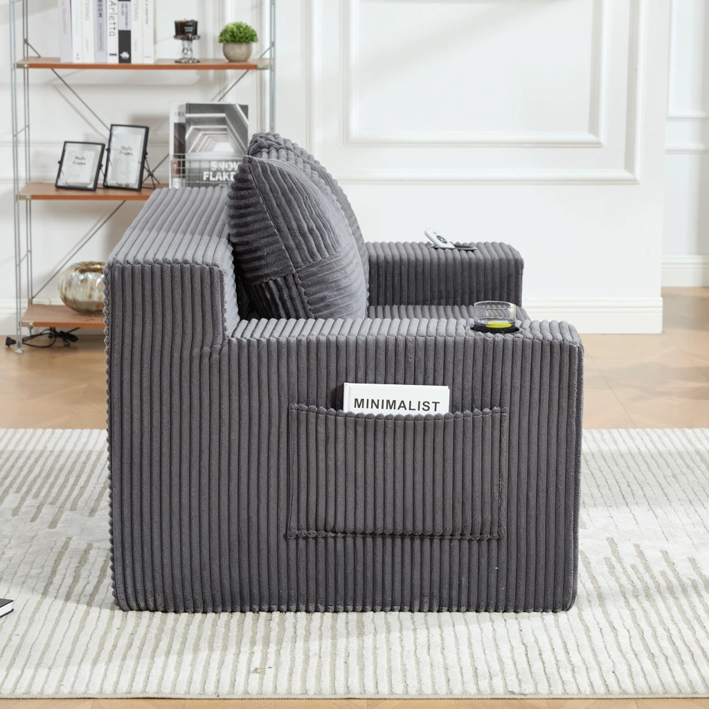 Divano pouf 151x133x64 cm con tasche laterali e 2 cuscini in velluto a coste grigio