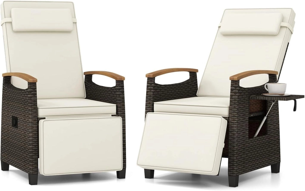 Poltrona Reclinabile da Giardino, Sedia Relax Esterno in Rattan con Schienale Regolabile a 150°, Poggiapiedi e Tavolino Pieghevole, Portata 180 kg, per Patio, Cortile e Terrazzo (Bianco,2)