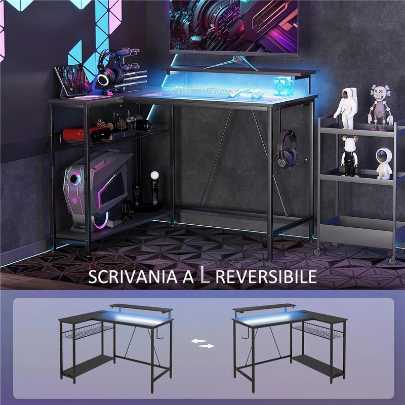 SCRIVANIA ANGOLARE REVERSIBILE CON LED, PRESE DI CORRENTE E PRESE USB, RIPIANI E SUPPORTO MONITOR, NERO
