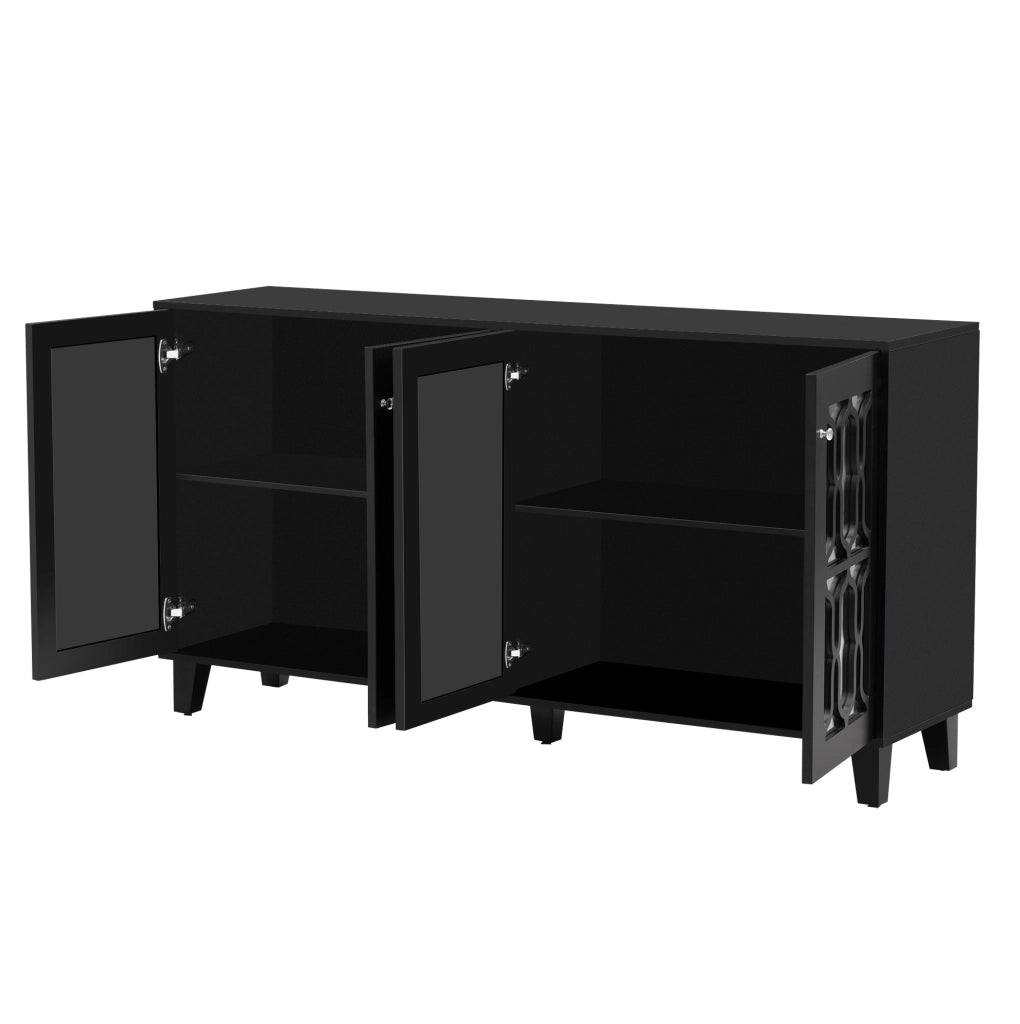 Credenza 160x40x84 cm a 4 ante in MDF nero con inserti in vetro e ripiani mobili