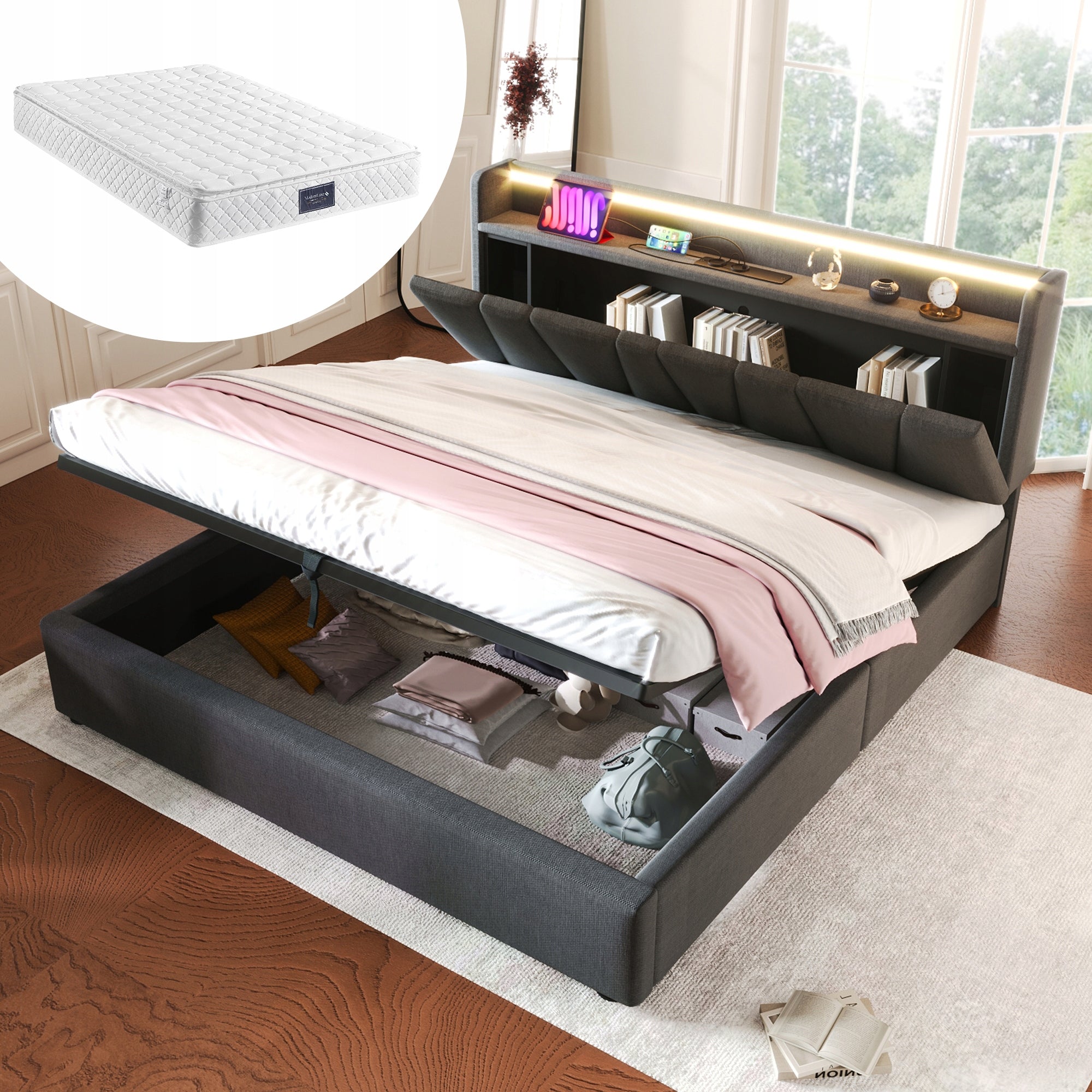 Letto imbottito 140x200 - Xylo - Grigio con USB e LED